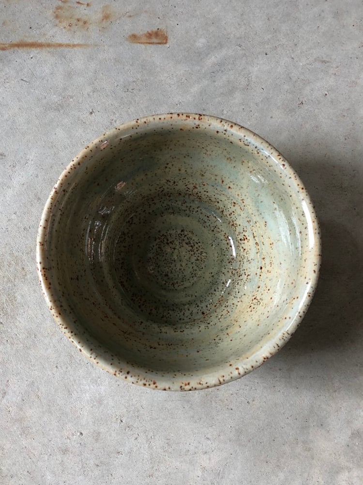 Image of footed speckled bowl in sage