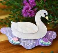 Odette Swan Brooch - White On Purple Lake 