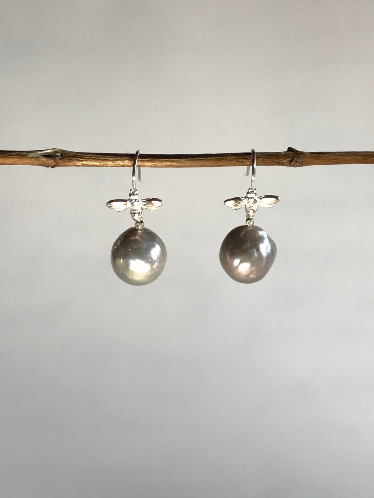 Grey Baroque Pearls with Sterling Silver Bees