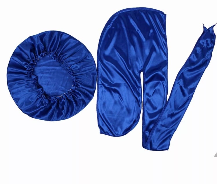 Image of Royal blue silky match bonnet and durag set