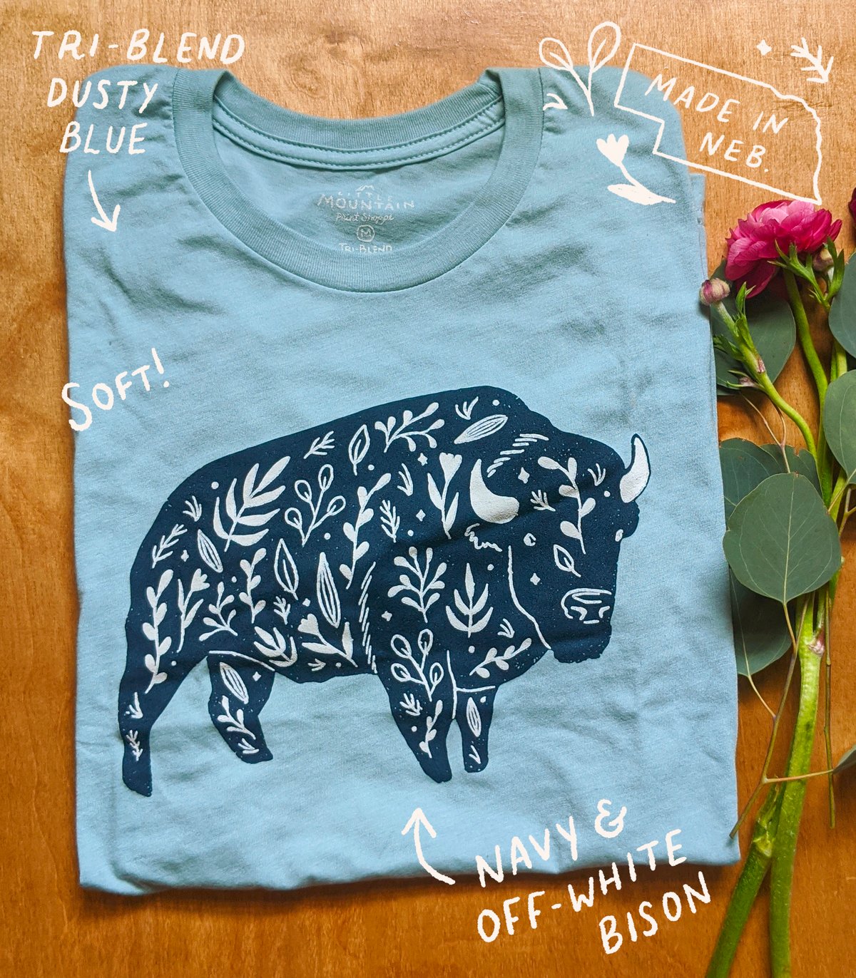 Dusty Blue Floral Bison T-shirt | Katie Art