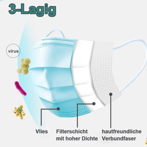 Image of Mundnasenschutzmaske, Atemschutz, Mundschutz 3 lagig – 50 Stück – sofort lieferbar