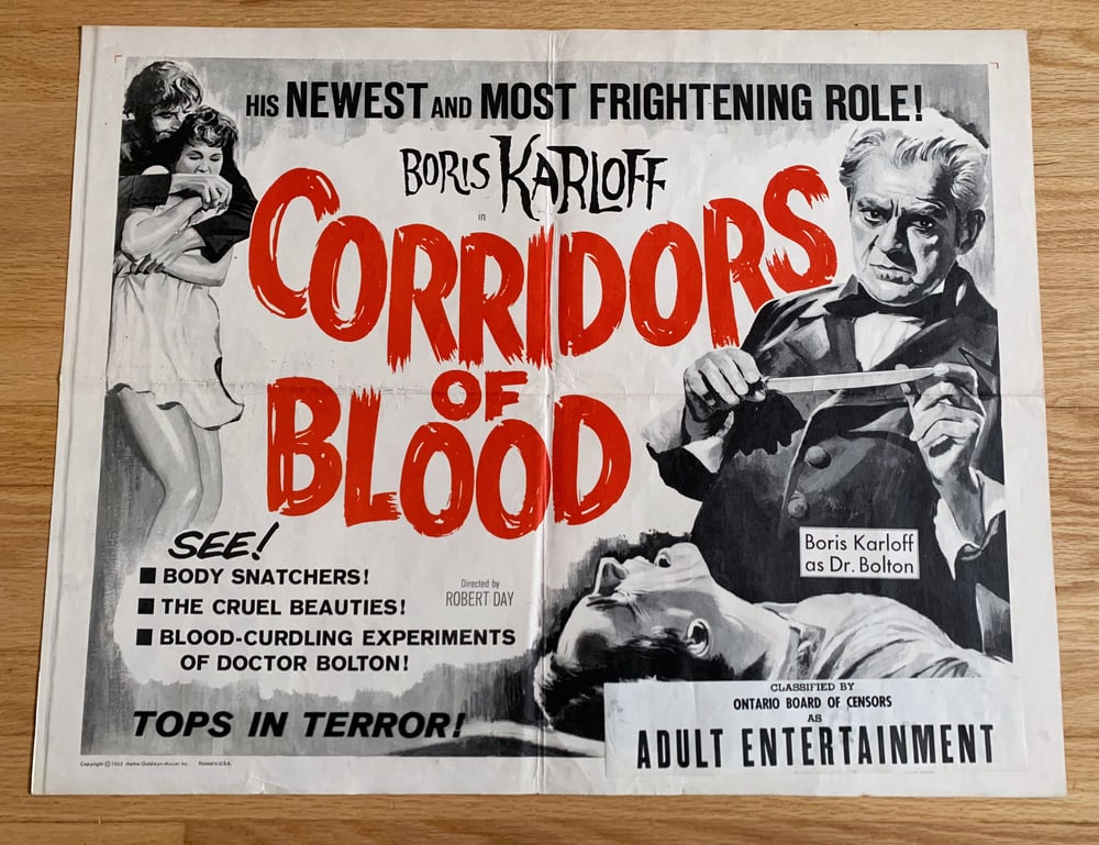 1963 CORRIDORS OF BLOOD Original U.S. Half Sheet Movie Poster