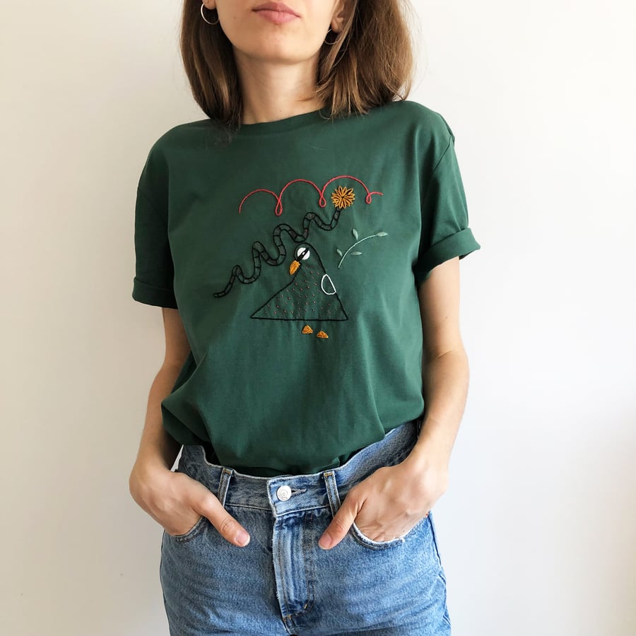 Image of Spring doodles on dreamy green organic cotton t-shirt, Unisex, available in all sizes
