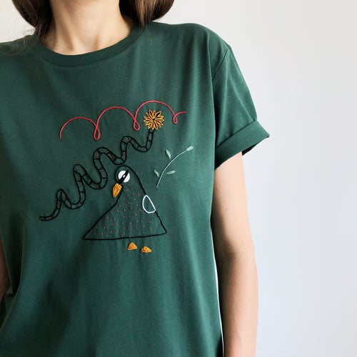 Image of Spring doodles on dreamy green organic cotton t-shirt, Unisex, available in all sizes