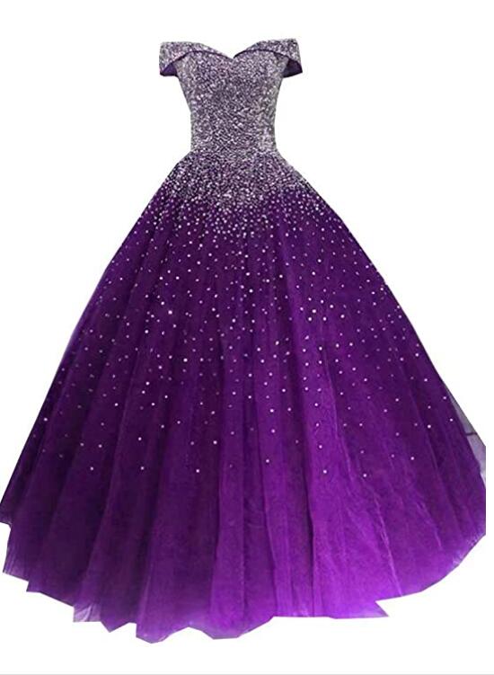 Beautiful Purple Tulle Long Party Dress, Sparkle Sweet 16 Gowns ...
