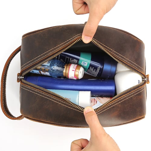 Image of Men Leather Toiletry Bag Double Compartment Toiletry Travel Case  8814