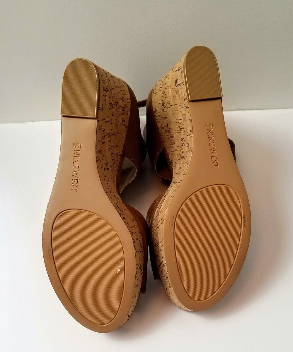 Image of Nine West Tan Leather Wedge Sandals Women's Shoe Size 12