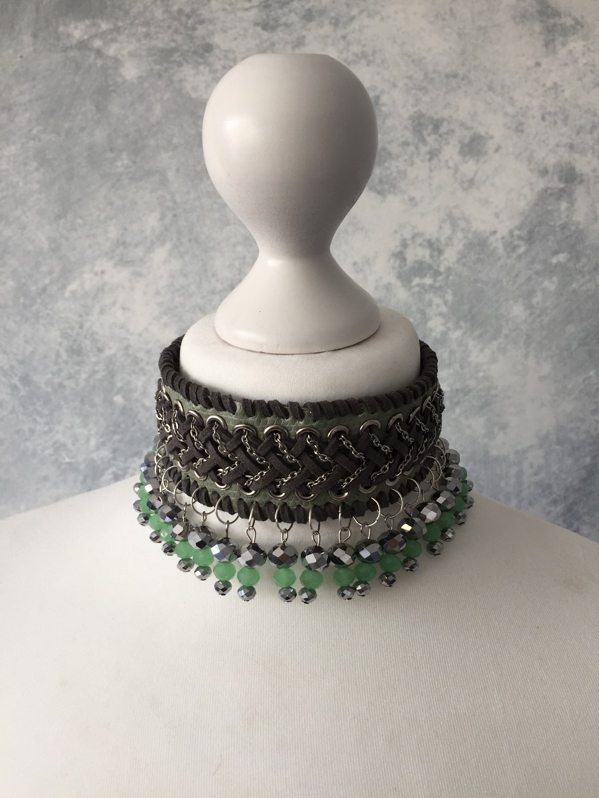 Image of Green collar with gunmetal & green opal beads