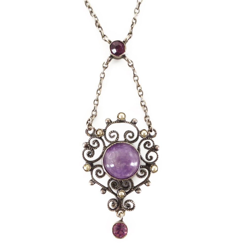 Image of Antique Edwardian Silver Amethyst & Pearl Lavalier Pendant Necklace