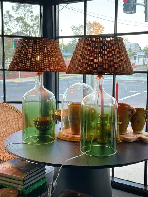 Image of Green Glass Lamp with Rattan Shade