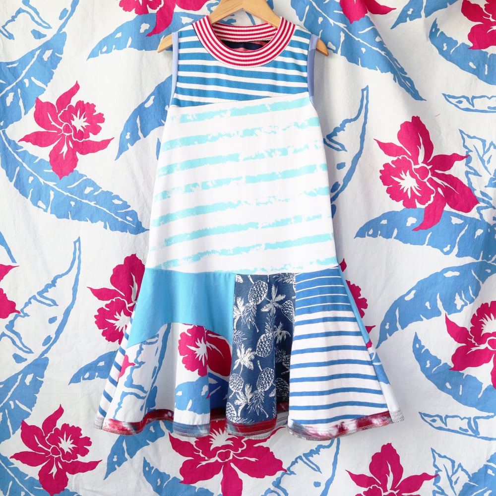 Image of turquoise blue tropical blues 7/8 sleeveless tank summer twirl twirly sundress dress