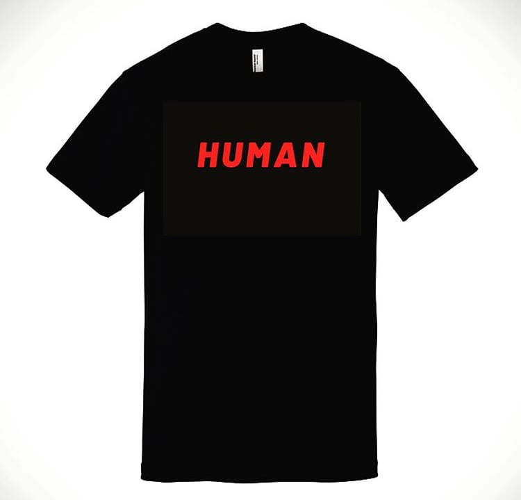 Image of “Human” T | Black T shirt Red Text