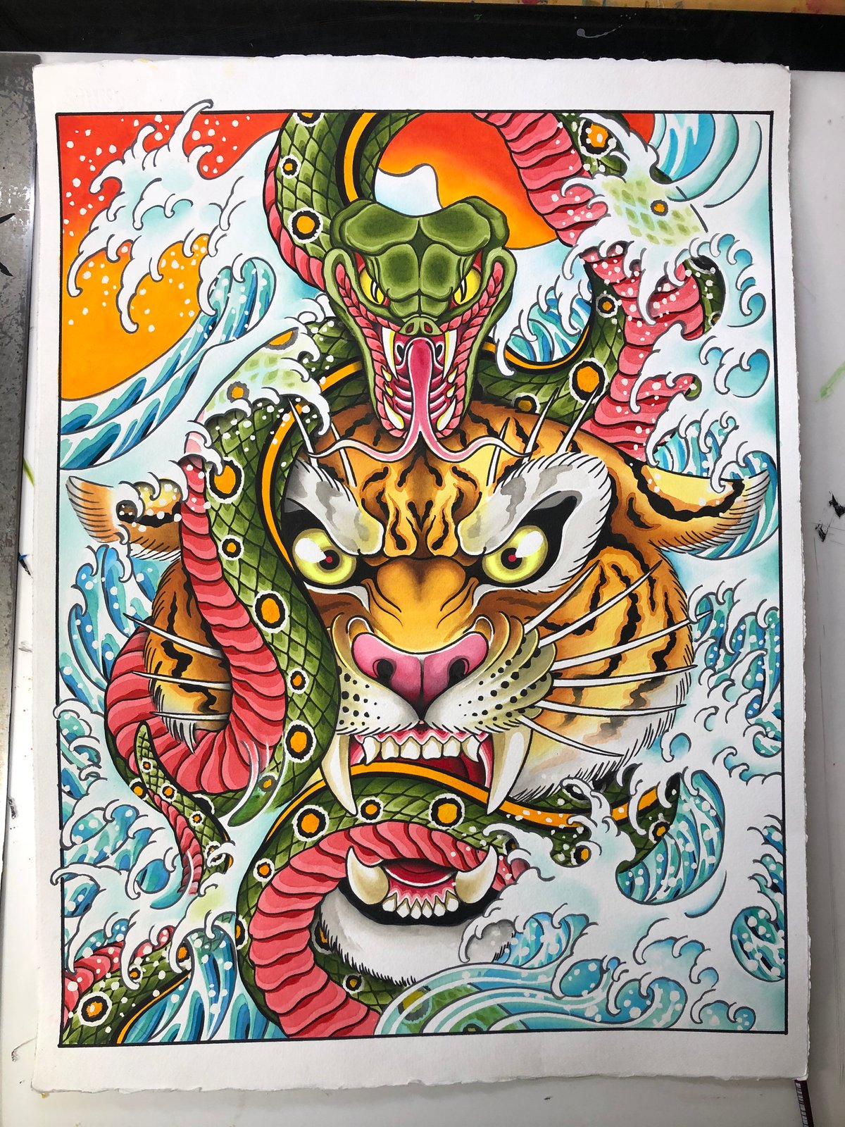 16x20 Tiger Snake and Waves Original Painting 