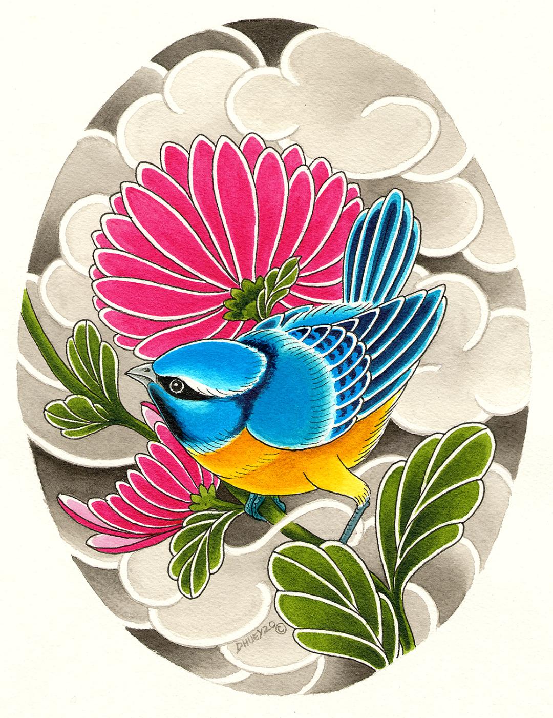Image of Orange Bird and Small Bluebird 