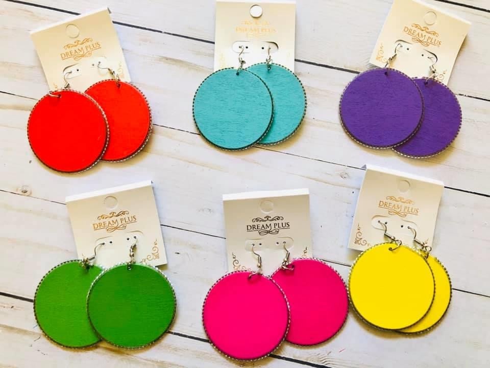 Image of Colorful Wooden Earrings Trimmed with Rhinestones 