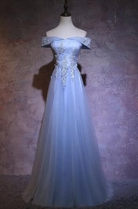 Image 1 of Charming Light Blue Tulle Long Off Shoulder Party Dress, New Prom Gown