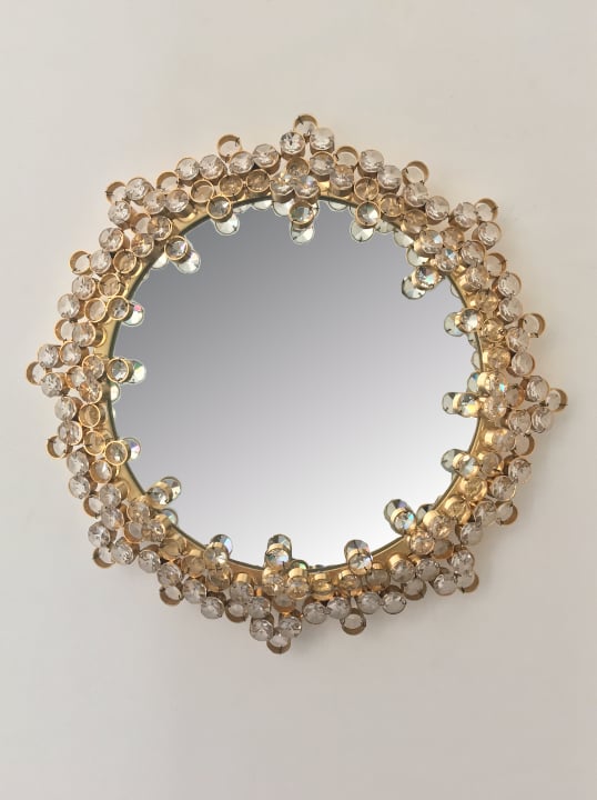 Image of 13" Gilt Brass and Crystal Wall Mirror Attributed to Palwa