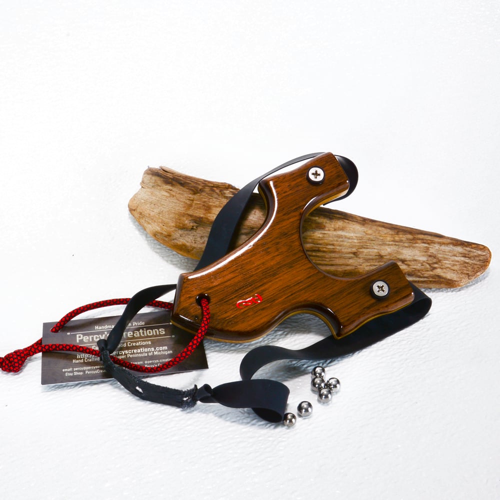 Image of Compact Wooden Walnut Sling Shot, The Little Heathen, OTF Right Handed Shooter, Wood Catapult