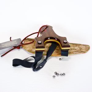 Image of Compact Wooden Walnut Sling Shot, The Little Heathen, OTF Right Handed Shooter, Wood Catapult