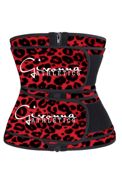 Image of Red Leopard double strap sauna waist trainer with zipper 