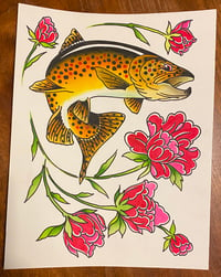 Image 2 of Framed Original Artwork Brown Trout & Peony