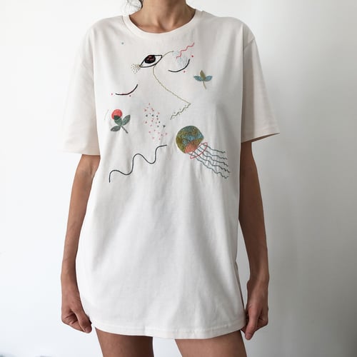 Image of Day dreaming of the sea - hand embroidered organic cotton t-shirt, Unisex, size Large