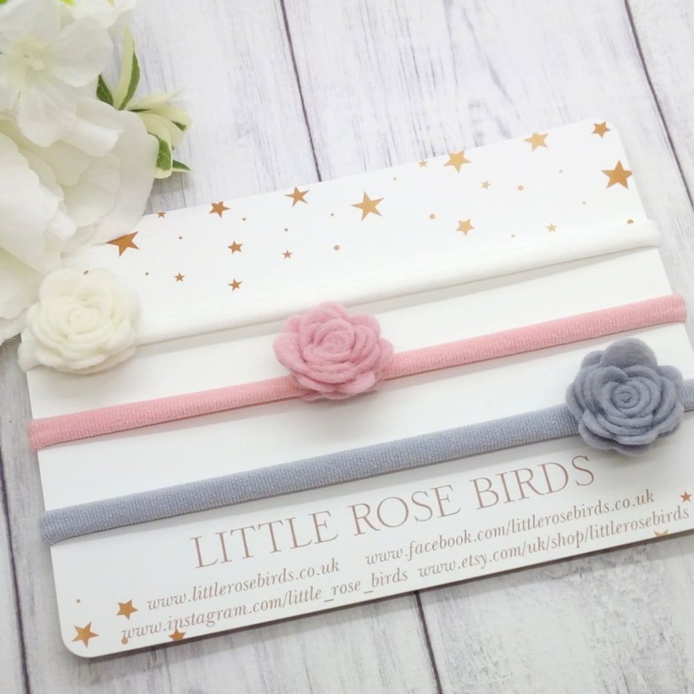 CHOOSE YOUR COLOUR - 3 Small Felt Rose Headbands or Clips - Choice of 52 Colours 