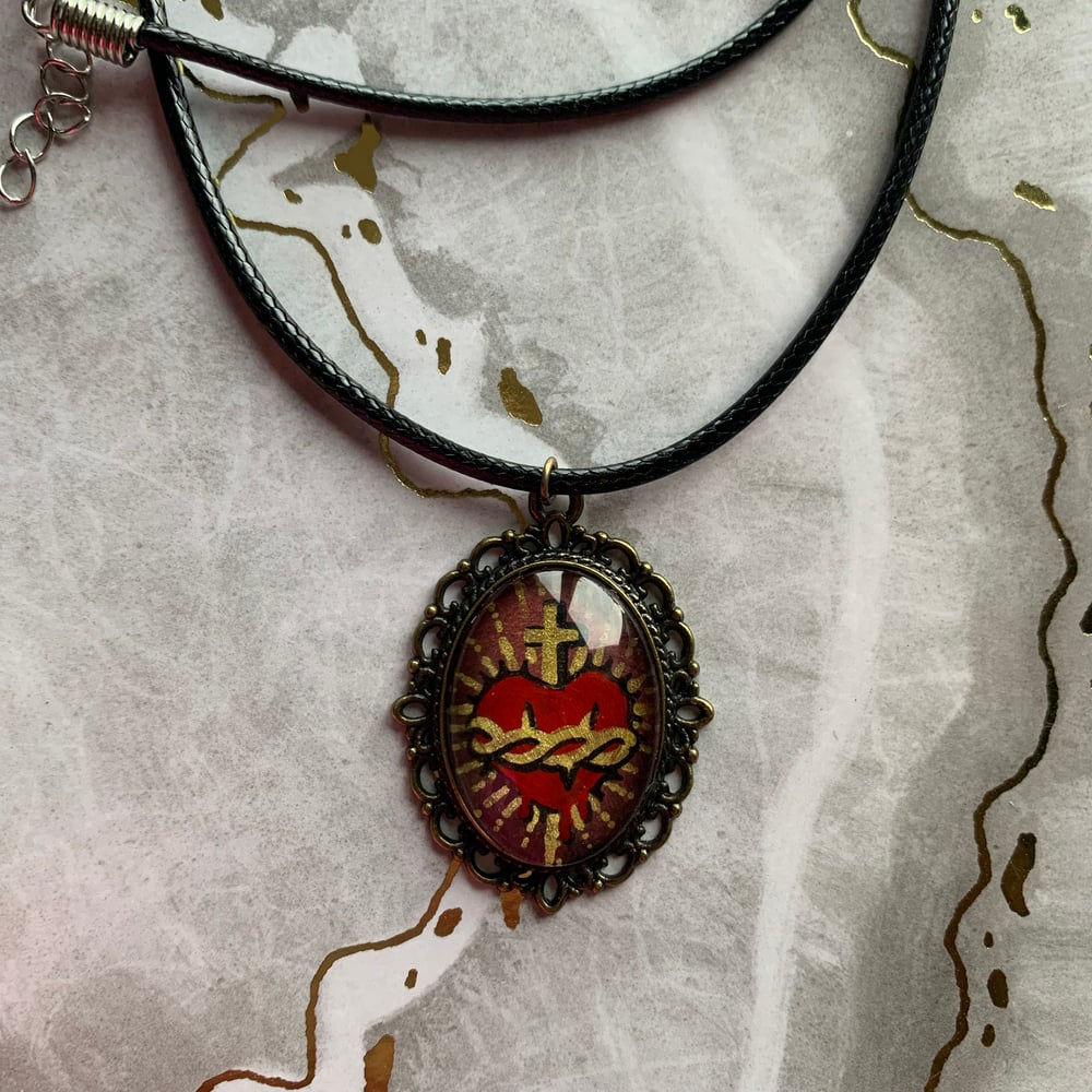 Hand painted sacred heart necklace