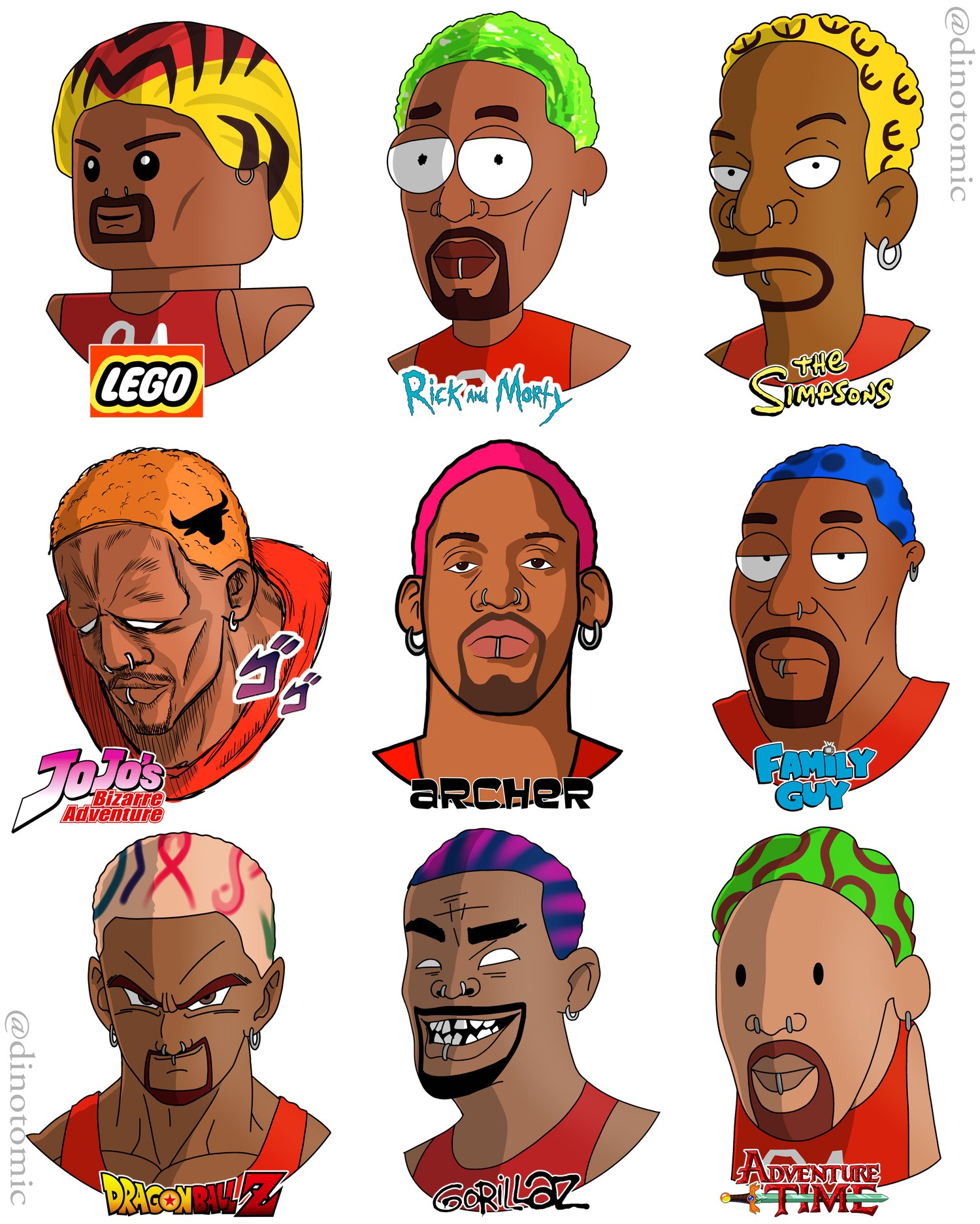 Image of #209 Dennis Rodman drawn in 9 styles 