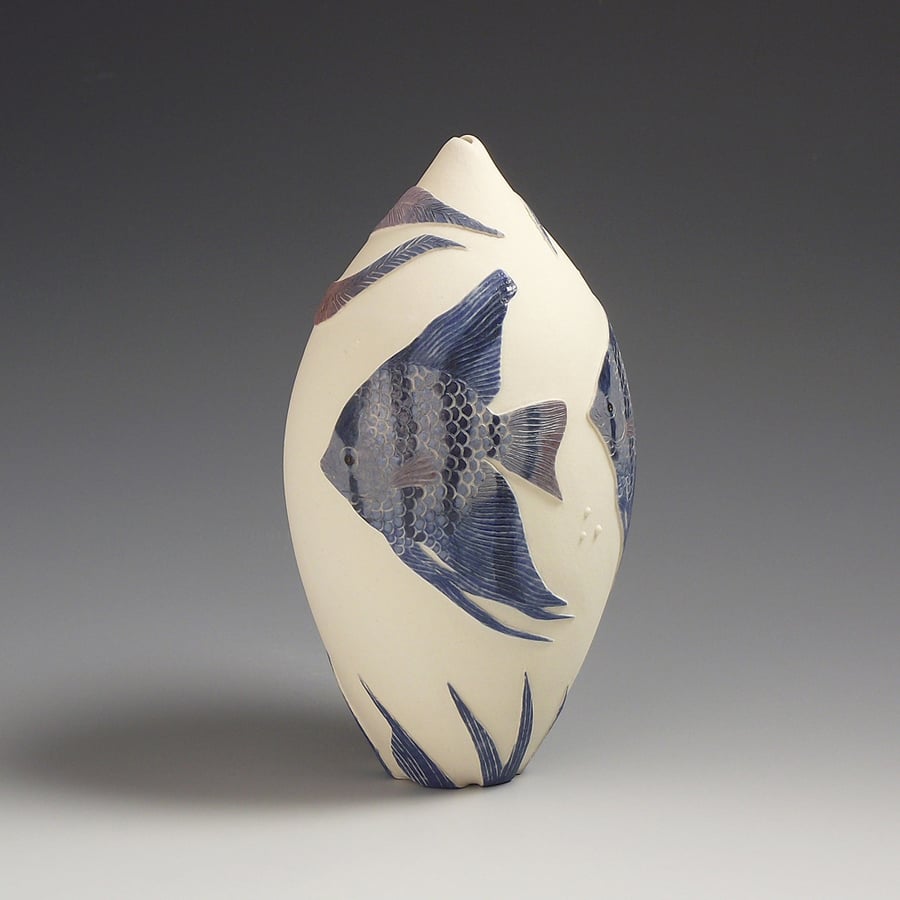 Image of Angelfish & weed ceramic sgraffito vessel