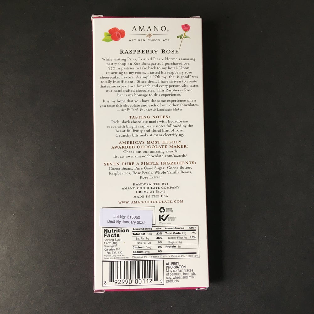 Image of Amano Chocolate Raspberry Rose 55% Dark Chocolate