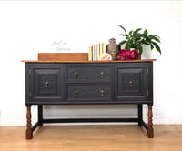 Image 1 of Antique Vintage Solid Oak SIDEBOARD BUFFET TV UNIT CABINET WITH DRAWERS Painted in Charcoal Grey 