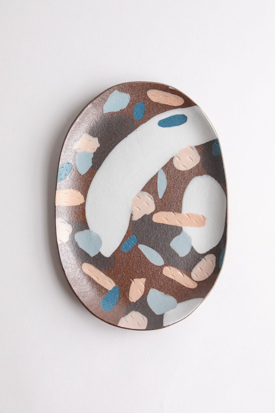Image of Oval Porcelain Inlay Serving Platter - Red Mesa with Pastel pinks, white, brown and teal