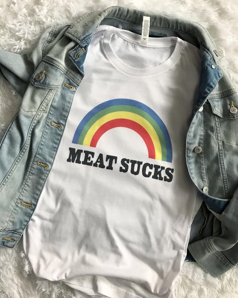 Image of Meat sucks rainbow unisex tee