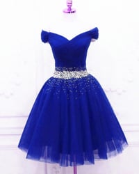 Image 1 of Cute Off Shoulder Beaded Blue Homecoming Dress, Short Prom Dress