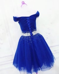 Image 2 of Cute Off Shoulder Beaded Blue Homecoming Dress, Short Prom Dress