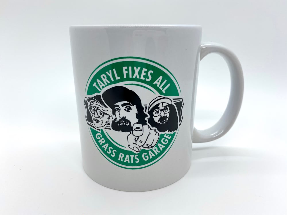 Taryl & Co Coffee Mug! Taryl Fixes All / Grass Rats Garage logo