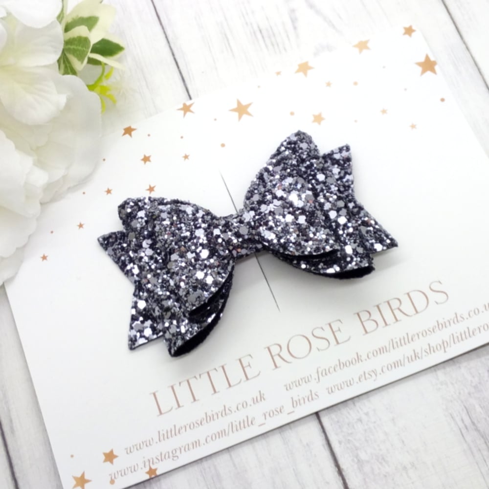 Image of Silver Gunmetal Glitter Bow - Choice of Headband or Clip