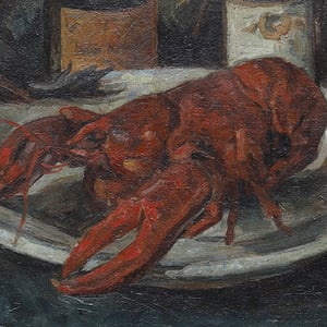 Image of Large, 1929, Painting, 'Champagne and Lobster,' HELGE NYSELL (1900 - 1963)
