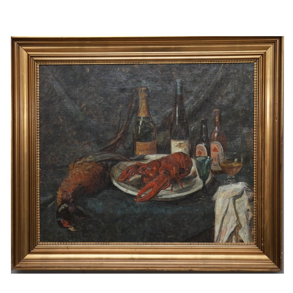 Image of Large, 1929, Painting, 'Champagne and Lobster,' HELGE NYSELL (1900 - 1963)