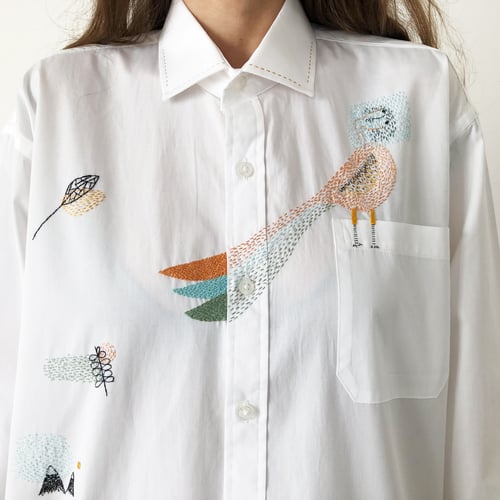 Image of  Lady Bird - original hand embroidery on 100% cotton men's shirt, Unisex