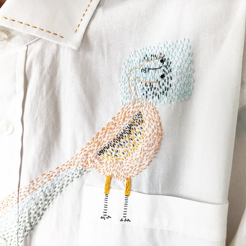 Image of  Lady Bird - original hand embroidery on 100% cotton men's shirt, Unisex