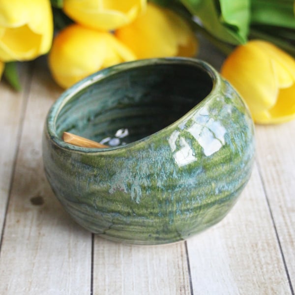 Image of Salt Cellar in Rustic Green Glaze, Handcrafted Pottery Salt Pig, Made in USA