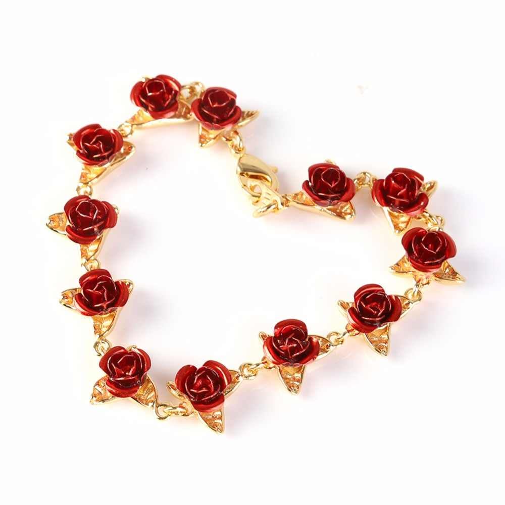 Image of Red Rose Bracelet Flowers Wrist Chain Charm