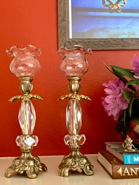 Image 1 of Vintage pair of  brass and lucite Candlestands with clear glass ruffled votive