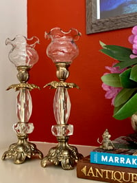 Image 2 of Vintage pair of  brass and lucite Candlestands with clear glass ruffled votive