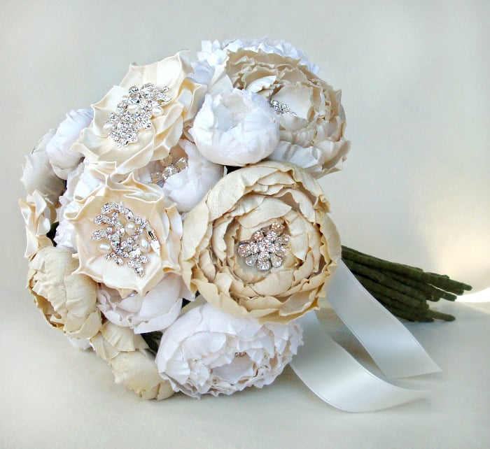 Image of Ivory, Off White and Cream Silk Catala and Jeweled Bloom Bridal Bouquet