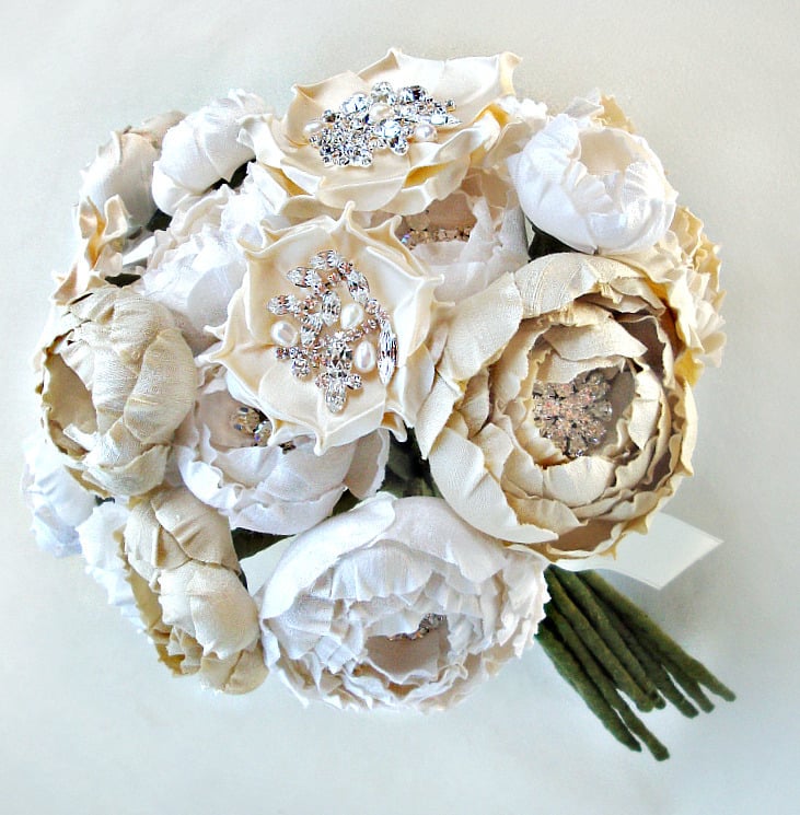 Image of Ivory, Off White and Cream Silk Catala and Jeweled Bloom Bridal Bouquet