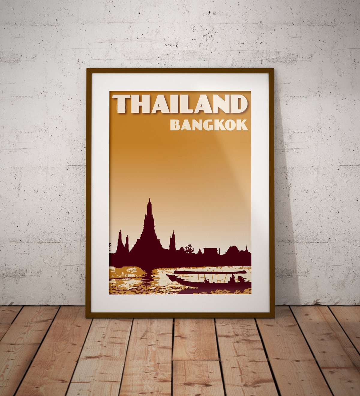 Image of Vintage poster Thailand - Bangkok - Wat Arun Mustard color - Fine Art Print